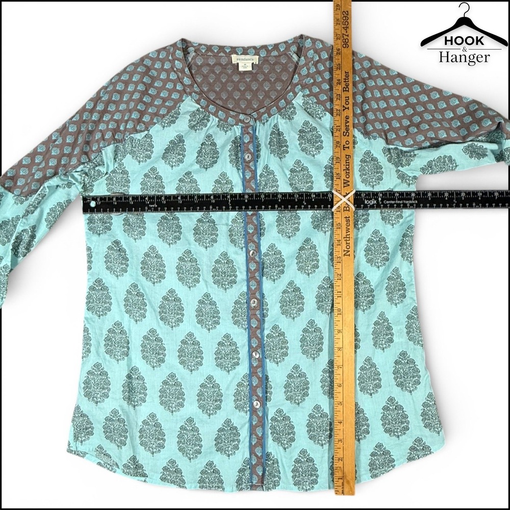 Sundance Stories To Be Told Boho Mixed Print Button Down Peasant Top M Blue Teal - Picture 7 of 8